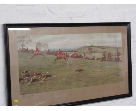 CECIL ALDIN, pencil signed colour print "Fox Hunt in extensive Landscape", 12" x 27.5" 