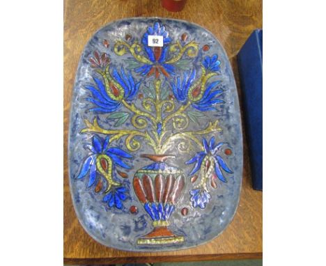 QUIMPER, signed enamelled serving dish of stylised vase of flowers dated 1964, 17" width 
