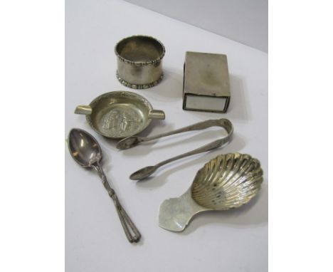 SILVER CADDY SPOON, with shell bowl, maker T &amp; S Birmingham, silver matchbox case, napkin ring together with a ashtray an