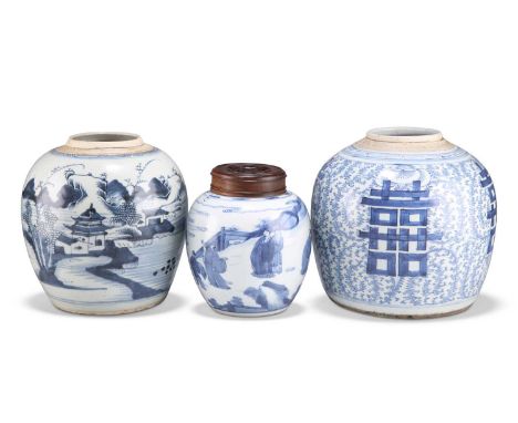 THREE CHINESE BLUE AND WHITE GINGER JARS THREE CHINESE BLUE AND WHITE GINGER JARS, the first painted with figures and with pi