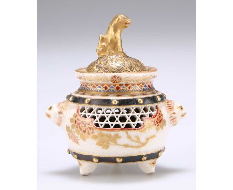 A JAPANESE MEIJI PERIOD SATSUMA MINIATURE KORO A JAPANESE MEIJI PERIOD SATSUMA MINIATURE KORO, gilded and enamel painted with