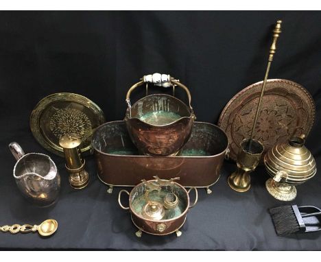 A QUANTITY OF MEATALWARES  A QUANTITY OF METALWARES, including A COPPER OBLONG PLANTER, 51cm long; A SMALLER COPPER PLANTER; 