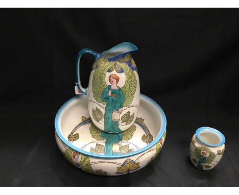AN ART NOUVEAU WASHSTAND BOWL, PITCHER AND VASE AN ART NOUVEAU WASHSTAND BOWL, PITCHER AND VASE, painted with an angel and ho