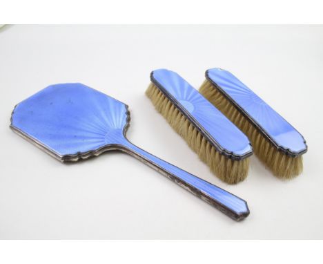 3 x .925 sterling guilloche enamel ladies vanity set 