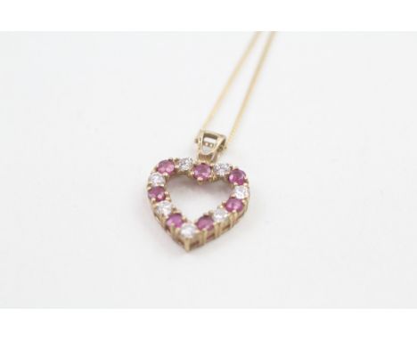 9ct gold ruby and cubic zirconia heart pendant with 9ct gold chain (1.8g) 