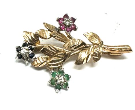 9ct gold ruby emerald sapphire &amp; diamond brooch weight 3g 