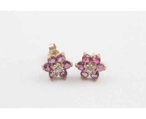 9ct gold ruby &amp; cubic zirconia floral cluster stud earrings (1.2g) 