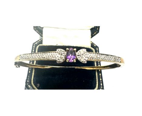 9ct gold diamond and amethyst hinged bangle bracelet weight 8g 
