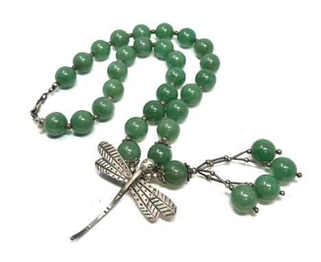 jadeite bead necklace with white metal dragon drop m dia beads measure approx 12m weight 98g 