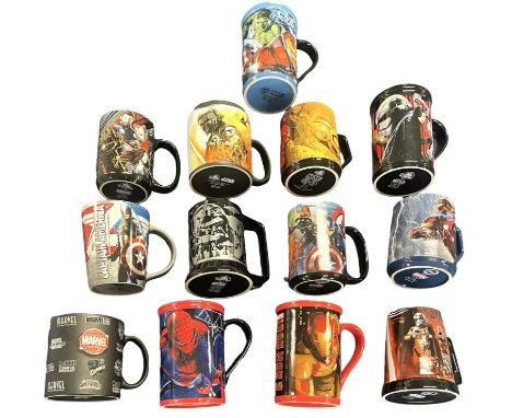 A collection of various ceramic Marvel and Star Wars mugs 