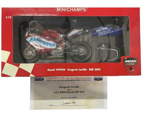 A boxed Minichamps 1:12 scale model Ducati 999F04 - Gregorio Lavilla - BSB 2005, with certificate. Signed by Gregorio Lavilla