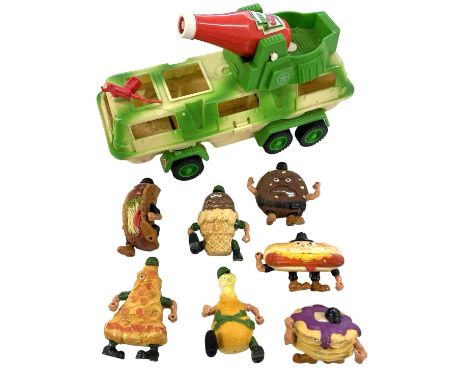 A Mattel Food Fighters Combat Carton Ketchup vehicle, together with figures (a/f)