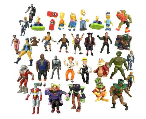 A collection of various 80s and 90s action figures, to include He-Man, Captain Planet, Toxic Crusaders, Bucky O'Hare, Hook, T