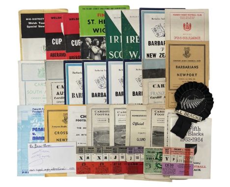 A collection of vintage rugby programmes, to include some All Blacks, together with All Blacks rosette, various ticket stubs 