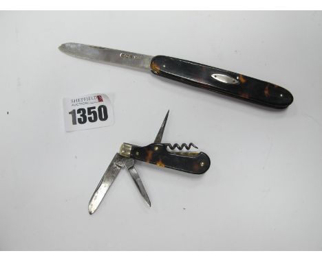 Pocket Knife, unreadable marks with turtle shell scales, n/s bolsters, two blades, cork screw, and awl 5cm close, fruit knife