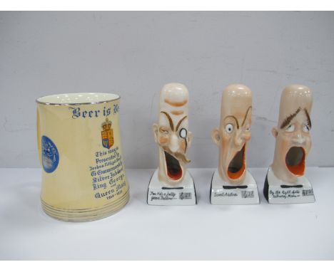 Novelty Continental Pottery Singing Head Ashtrays, 'Sweet Adeline', 'For He's a Jolly good Fellow' and 'By The light of The s