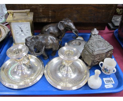 A Pair of Walker &amp; Hall Plated Chamber Candlesticks, continental musical casket, coinage, clock.