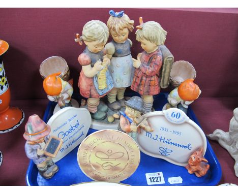 Goebel Figure Group of Three Schoolgirls, 24cm high, pair of figures with baskets on their backs, Goebel 60 plaque, etc:- One