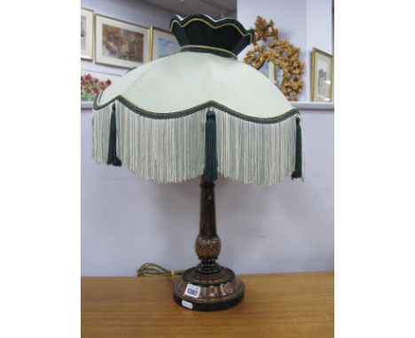 A Chinoiserie Style Handpainted Table Lamp, with Japanese figures to stem and large frilled shade.