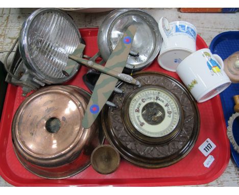 Two Lucas Car Headlights, copper spittoon, Walnut wall barometer. Worcester and Coalport mugs, model plane, egg cup:- One Tra