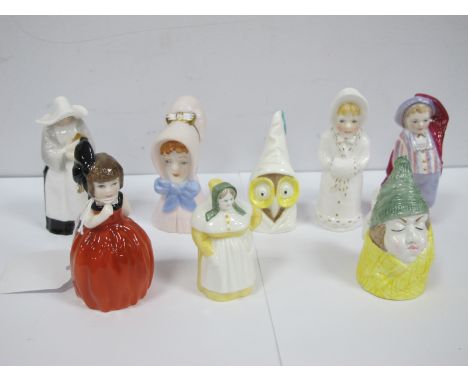 Eight Modern Royal Worcester Porcelain Candle Extinguishers, to include; Mr Caudle, French Cook, Howard, Owl, etc, 6-10cm hig