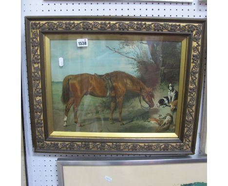 An Early XX Century Oleograph, featuring inquisitive horse, with other animals, in period frame having applied foliate mounts