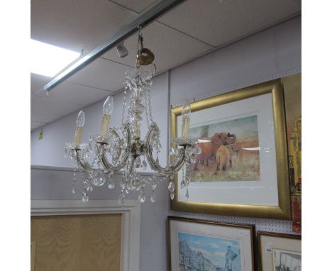 Glass Five Branch Ceiling Light Circa Mid XX Century, with faceted pear shaped drops and octagonal connectors between C scrol