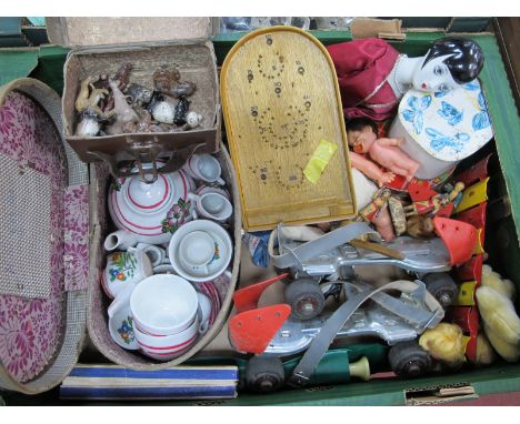 English Lead Zoo Animals, probably Britain's, mini tea set, dolls, bagatelle, skates, games, etc:- One Box.