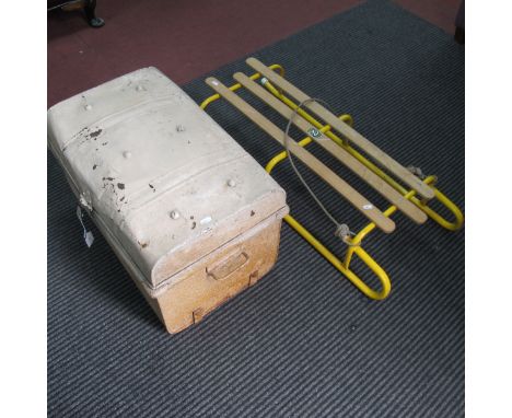 A Painted Tin Trunk, fire irons, fire bell, menu holder, Mews Ways sledge.