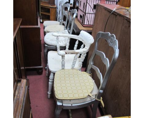 White Painted Captains Chair, four silver painted ladder back chairs. (5)