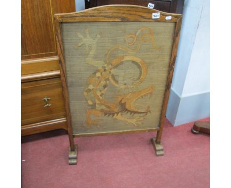 Oak Framed Firescreen, circa 1920's, with marquetry centre panel featuring Chinese dragon, 85cm high.
