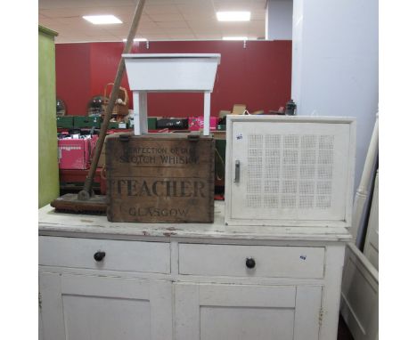 Teacher Scotch Whisky Pine Crate, painted meat safe, painted shoe shine stool, polishing brush. (4).