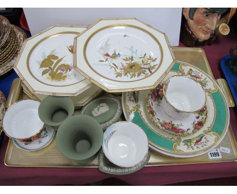 XIX Century Wedgwood Octagonal Shaped Cake Stands, plates decorated with gilt and birds, green Wedgwood pin tray, trinket box