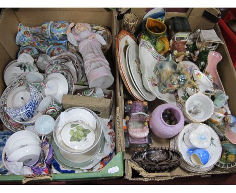 Chinese Cups and Saucers, box of Chinese hardstone, XIX Century German bisque figure, Wedgwood pin dishes, etc:- One Box.
