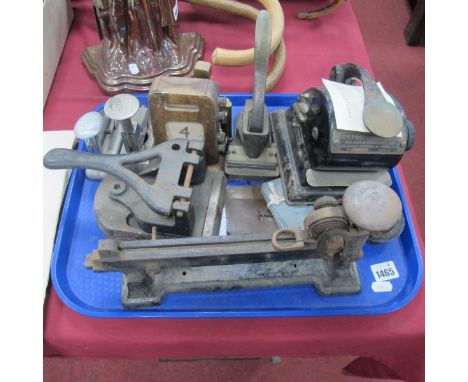 Cast Iron Address Stamp, brass stamp, Rexel stapler, stencils, desk calendar etc, Protectograph etc:- One Tray.