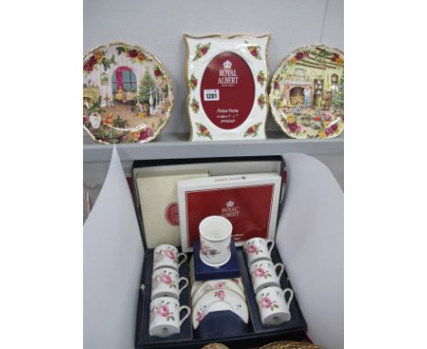 Royal Worcester Marissa Coffee Set, (boxed), cylinder jardiniere 7cm diameter. Two Royal Albert Christmas plates, Old County 