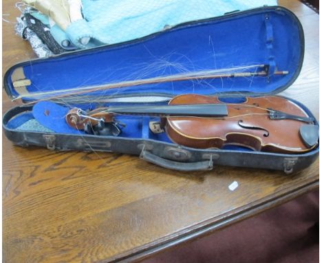 A Circa Late XIX Century Violin, with a two piece back, no visible label, together with bow, in case.Lot 1501 - overall lengt