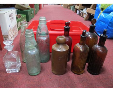 Ceramics, etc in box, Bourne Denby stone bottle for Cockerton of Bow, chemists bottles, etc in red carry box. (2).