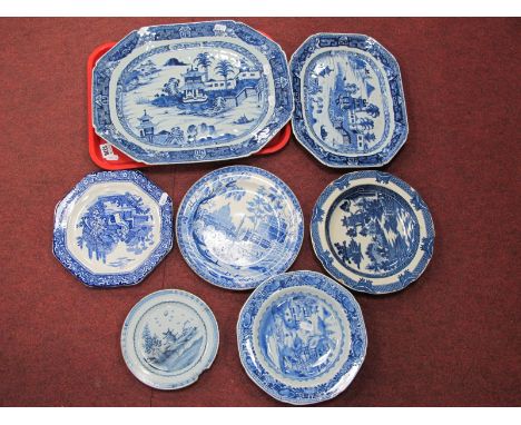 Two XIX Century Graduated Willow Pattern Octagonal Plates, two soup plates 'Georgian' & 'Spode' plates, earlier smaller examp