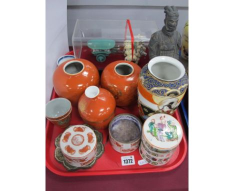 Oriental, cylindrical pottery plant holders, ginger jars, carriage model, etc:- One TrayLot 1372 - Two x Ginger Jars - no vis