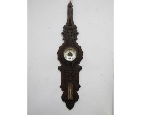 An Unusual Victorian Fretwork Wall Barometer/Thermometer, 73cm high, with brass thermometer.Lot 1174 - 1) No guarantee give i