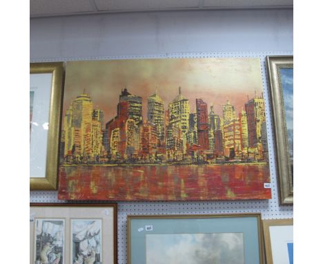 Lawrence R?,'City Clock Series' '8.00pm', oil on canvas, initialed by bottom right, signed by artist on verso, 70 x 100cm.