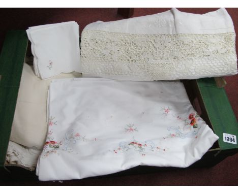 Vintage Linen Table Cloths, embroidered line tablecloths, etc:- One Box.