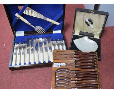 Mother of Pearl Caviar Dish on three plated ball feet 13cm wide, plus a knife in a case, oak canteen of fish cutlery, monogra