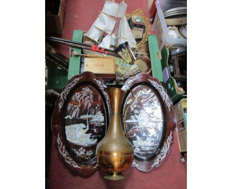 Chinese Oval Lacquered Wall Plaques, copper jug, brass hall brush set, games, canes, model boat, etc:- One Box.