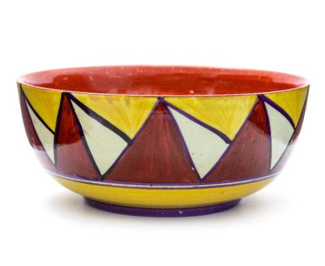 Clarice Cliff for Newport Pottery, an Original Bizarre bowl, geometric triangle decoration in purple, yellow and red, gilt Bi