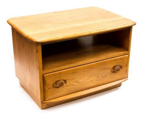 An Ercol Windsor light elm and ash corner TV stand, with rear drop leaf, fitted with a single drawer, 73cm wide, 49cm high, 5