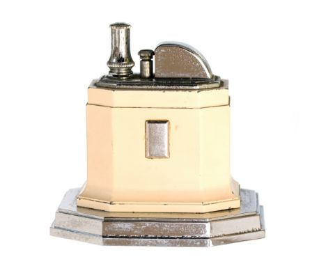 A Ronson Touch Tip Octette table lighter, circa 1935, chrome plated and cream enamel, stepped octagonal form, 9cm high