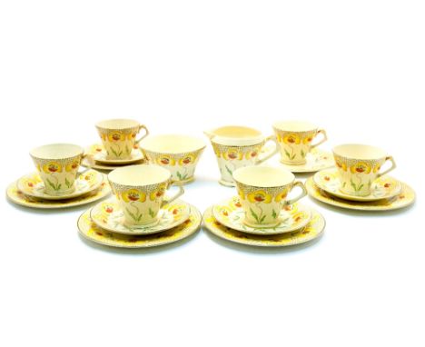 An Art Deco , Crown Devon, Fieldings, tea set, angular form, decorated with stylised poppies, marked 3070, including six cups