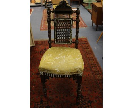 An Aesthetic Movement, Anglo Indian or Moorish style side chair, possibly Liberty, inlaid with mother of pearl and bone, and 